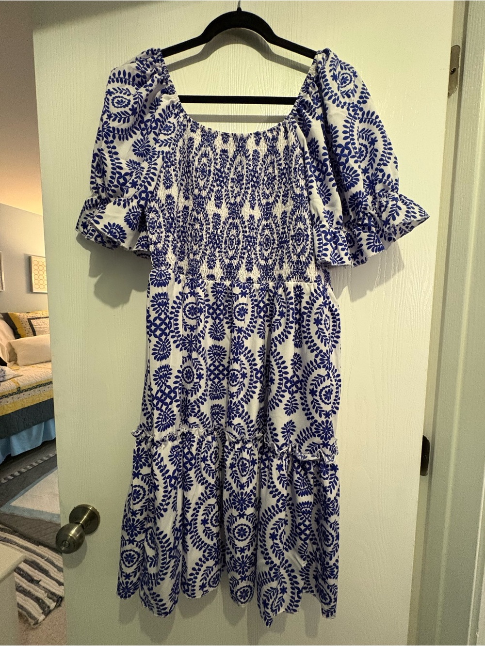 Blue & White Printed Puff-Sleeve Women's Dress, 3X